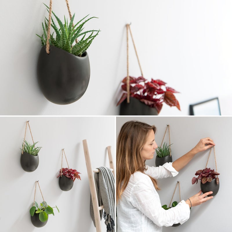 Kazai. Wall Planters -Ellie- | Hanging Ceramic Plant Pots 3 Pieces | Wall Decoration for Indoors  Balcony and Garden | Graphite (Matte) - Image 3